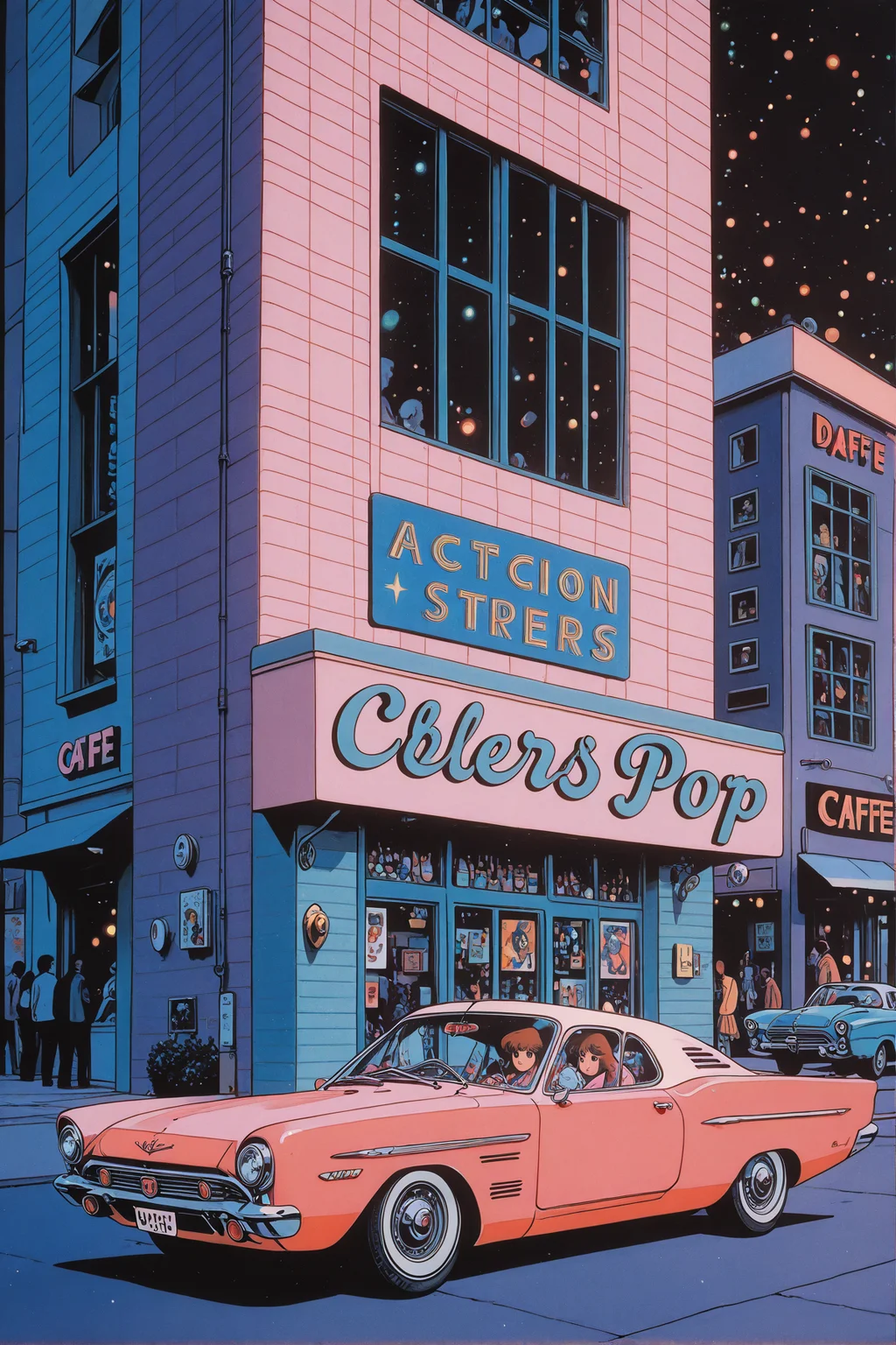masterpiece, very awa, very aesthetic,
nostalgic, 1980s, retro, flat, line art, pop art, retro futuristic,
clear contrast, city pop, bokeh, abstract graphic,
geometric stripe background, dynamic graphic background,
scenery, album cover, wallpaper, painting, minimalist, cafe, exterior, people through the window, city street, retro cars,