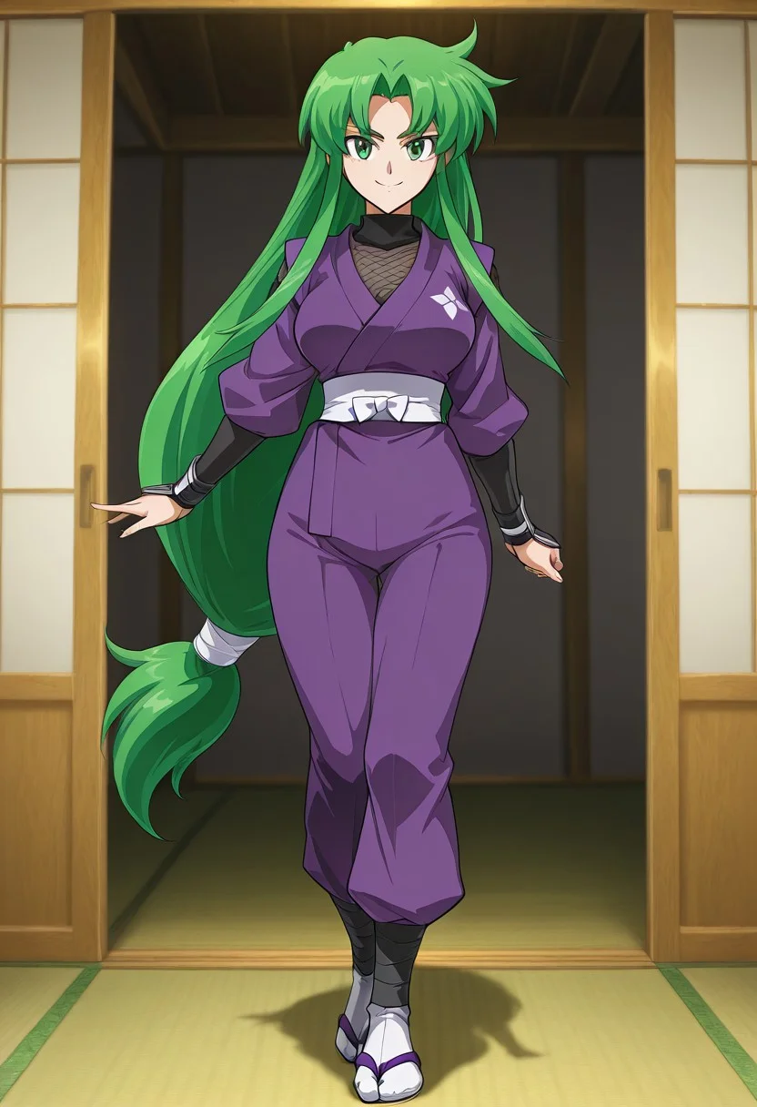 score_9,score_8_up,score_7_up,source_anime,5_figner,2d_animation,game cg,BREAK,1girl,solo,
Yae,green eyes,green hair,low-tied long hair,parted bangs,very long hair,sidelocks.japanese clothes,purple kimono,ninja,fishnets,long sleeves,tabi,long sleeves,
middle breast,cowboy short,looking at viewer,front view,smile,standing,
japanese room,fusuma,
masterpiece,best qualit,ultra-detailed,illustration,an extremely delicate and beautiful,beautiful detailed eyes,unity 8k wallpaper,high resolution,anime CG,official_art,Erotic_style,anime_coloring, anime_screencap,
