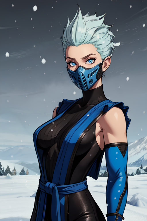 Frost, blue eyes,   mouth mask,  spiked hair, 
 fingerless elbow gloves, bodysuit,  pelvic curtain ,  blue attire, 
standing,  upper body, 
dojo, snow, solo,  
(insanely detailed, beautiful detailed face, masterpiece, best quality) <lora:xFrost:0.7>