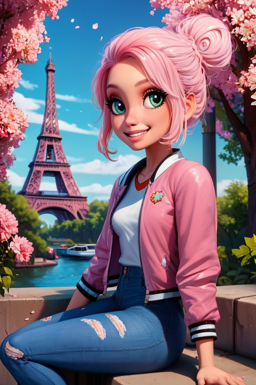 score_9, score_8_up, score_8, medium breasts, (curvy), cute, eyelashes,       BREAK, , zzBrooklynn, pink hair, single hair bun, pink jacket, denim pants,  <lora:Brooklynn_Jurassic_Park_PDXL_v2:0.7>, , BREAK,  zzEiffelTower in background, sitting, watercraft, boat, sitting on wall, side view, looking at viewer, smile,  BREAK, blooming stars, luminescent petals, otherworldly fragrance blurry background, embedding:zPDXL, Expressiveh, <lora:EiffelTowerPDXL:0.8>,  <lora:CatalystStylePDXL:0.6>,  <lora:SDXLFaeTastic2400:0.5>,  <lora:Expressive_H-000001:0.4>,