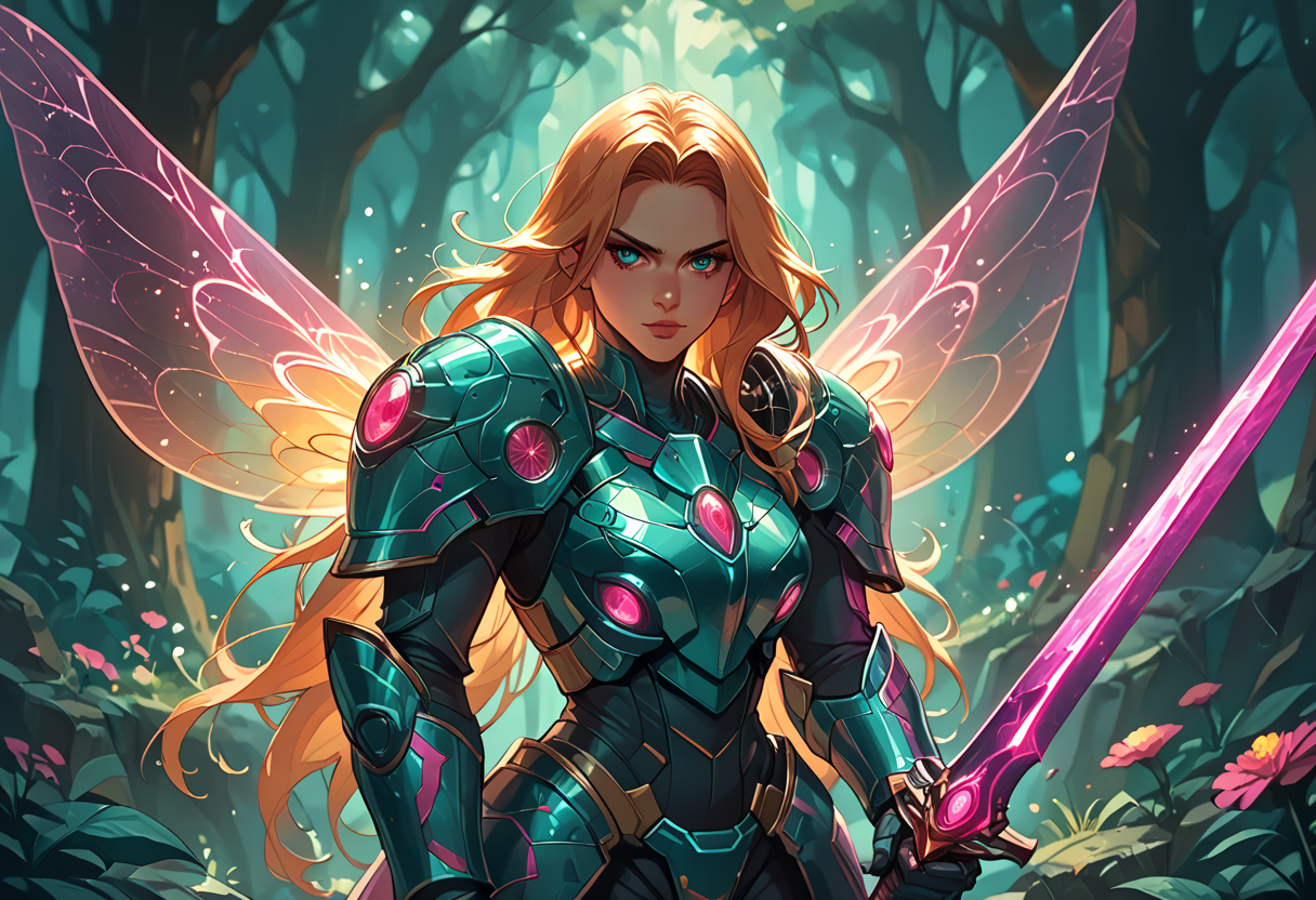 score_9, score_8_up, score_7_up, score_6_up, score_5_up, score_4_up, (cinematic shot of a adult female magical fairy, beautiful face details and long hair, holding a magical glowing sword in an epic attack pose, wearing mecha armor, colorful magical fairy wings on her back, magical fantasy forest in background with glowing mushrooms:1.2), hkmecha
