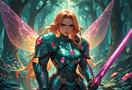 score_9, score_8_up, score_7_up, score_6_up, score_5_up, score_4_up, (cinematic shot of a adult female magical fairy, beautiful face details and long hair, holding a magical glowing sword in an epic attack pose, wearing mecha armor, colorful magical fairy wings on her back, magical fantasy forest in background with glowing mushrooms:1.2), hkmecha