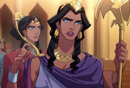 score_9, score_8_up, score_7_up, hippolyta, long hair, blue eyes, black hair, makeup, lipstick, dress, jewelry, earrings, purple dress, necklace, crown, tiara, staff