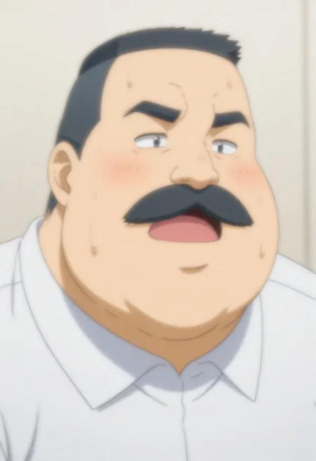 (masterpiece, best quality, amazing quality, detailed background,) hige_habahiro, 1boy, mature male, male focus, black short hair, crew cut, fat face, thick eyebrows, mustache, no mouth, fat, chubby, obese, big pec, big belly, white short sleeves, 1boy, male focus, mustache, solo, facial hair, blush, fat, sweat, thick eyebrows, upper body, open mouth