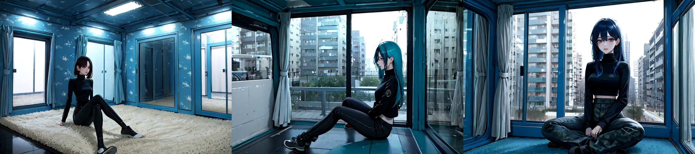 (otherworldly), highly insanely detailed, masterpiece, top quality, best quality, highres, 4k, 8k, RAW photo, (very aesthetic, beautiful and aesthetic), 
1girl, asian female, facing viewer, turtleneck, pants, 
<lora:MM5-v1:0.5>, blue wall, window, sitting, Magic Mirror Car, MM5, indoors, 
1girl, solo, 
(__lazy-wildcards/char/haircolor__),âââ