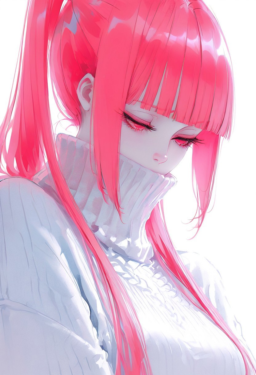 masterpiece, best quality, amazing quality, <lora:Nalan_Yanran:1>
1 girl, solo, pink hair, pink eyes, very long hair, twintails, bangs, blunt bangs, ponytail, simple background, white background, sweater, eyelashes, turtleneck, looking down, half-closed eyes, portrait, pale skin, close-up, covered mouth, white sweater, long eyelashes,
wlop, nhl-001, limited palette, realistic <lora:noobai_ep11_stabilizer_v0.138_fp16:0.3> <lora:NOOB_vp1_detailer_by_volnovik_v1:0.3> <lora:nhl-002-nai:0.7> <lora:nhl-001-20:0.8> <lora:XXX667:0.6>
