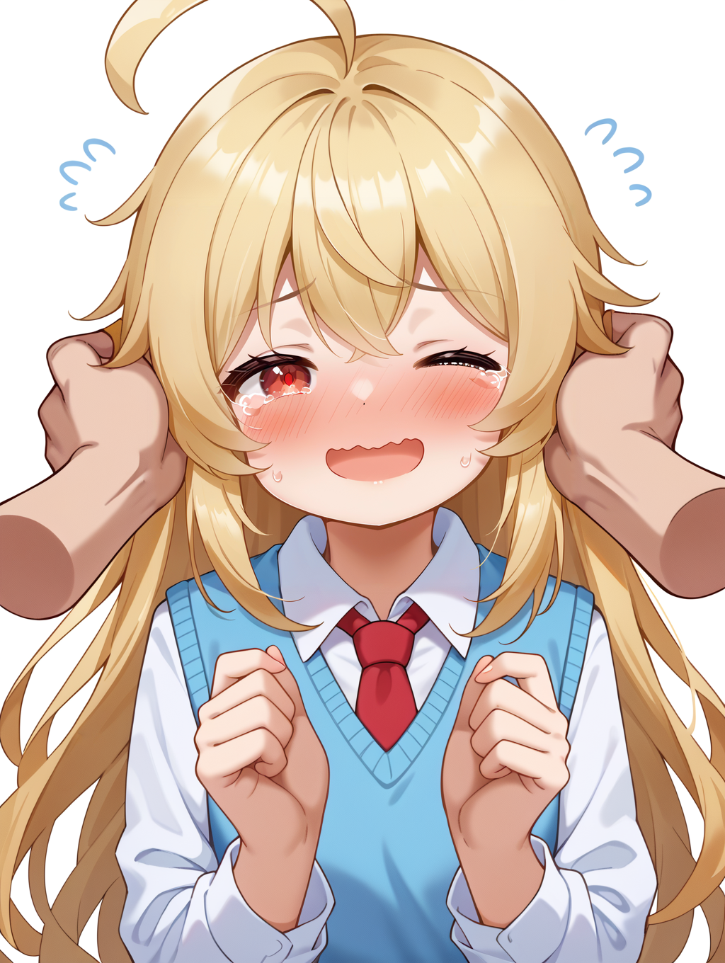 1girl, 
tears, brown hair, wavy mouth, red eyes, one eye closed, sweater vest, collared shirt, dress shirt, blue sweater vest, long hair, =_=, white shirt, blush, :d, smile, looking at viewer, cropped torso, hair between eyes, closed mouth, upper body, shirt, ;3, closed eyes, @_@, ahoge, open mouth, necktie, solo focus, long sleeves, red necktie, hands up, disembodied limb, flying sweatdrop, :i, nose blush, multiple views,
she has a sad expression on her face and is holding her head in her hands, as if she is upset or frustrated. the background is white and there are several smaller illustrations around her, including one of a boy with blonde hair and another of a girl with brown eyes. the text above the image reads "ãã¤ãã¾ã" which translates to "i love you" in english.
score_9, score_8_up, score_7_up, source_anime
 <lora:style016:0.8>