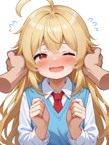 1girl, 
tears, brown hair, wavy mouth, red eyes, one eye closed, sweater vest, collared shirt, dress shirt, blue sweater vest, long hair, =_=, white shirt, blush, :d, smile, looking at viewer, cropped torso, hair between eyes, closed mouth, upper body, shirt, ;3, closed eyes, @_@, ahoge, open mouth, necktie, solo focus, long sleeves, red necktie, hands up, disembodied limb, flying sweatdrop, :i, nose blush, multiple views,
she has a sad expression on her face and is holding her head in her hands, as if she is upset or frustrated. the background is white and there are several smaller illustrations around her, including one of a boy with blonde hair and another of a girl with brown eyes. the text above the image reads "ãã¤ãã¾ã" which translates to "i love you" in english.
score_9, score_8_up, score_7_up, source_anime
 <lora:style016:0.8>