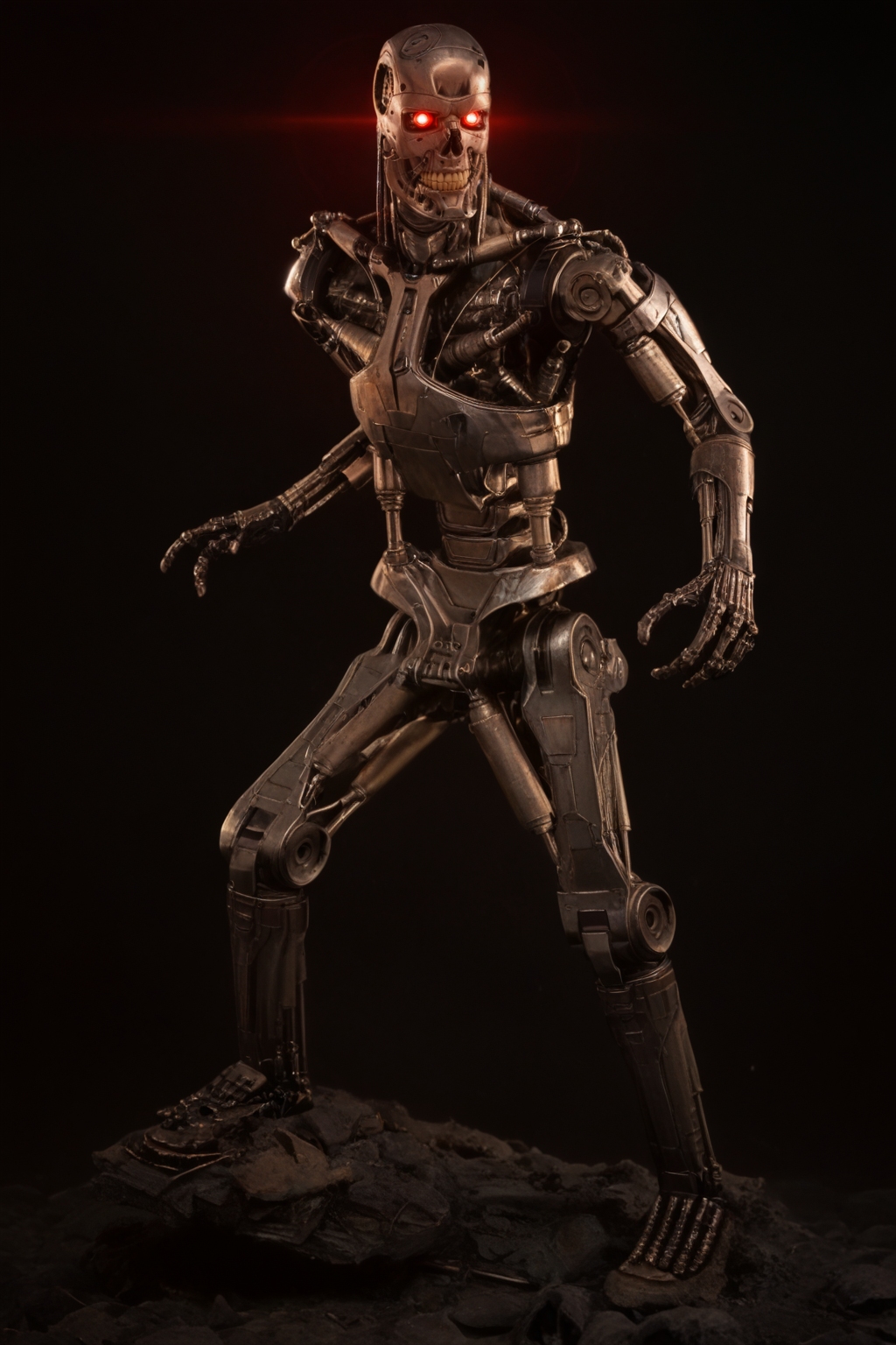 T800_Endo, Terminator robot, score_9, score_8_up, score_7_up, (source_IRL, source_movie), cinematic, realistic, masterpiece, high quality, highres RAW photo, ((full body shot))
a T800_Endo Terminator Robot with glowing red eyes, he is made of metal, <lora:T800_Endo_Terminator_Pony_v1-000013:1>
(standing, fight stance)
black background
dynamic lighting, highly detailed, intricate details