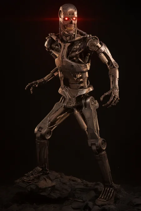 T800_Endo, Terminator robot, score_9, score_8_up, score_7_up, (source_IRL, source_movie), cinematic, realistic, masterpiece, high quality, highres RAW photo, ((full body shot))
a T800_Endo Terminator Robot with glowing red eyes, he is made of metal, <lora:T800_Endo_Terminator_Pony_v1-000013:1>
(standing, fight stance)
black background
dynamic lighting, highly detailed, intricate details