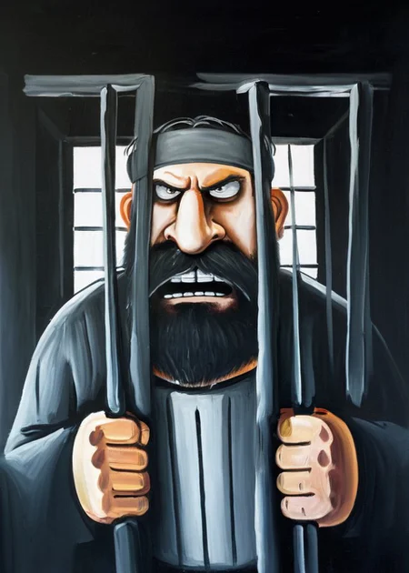 half body portrait  angry beard man a prisoner clothes halo above his head   window with bars on BG oil painting art   <lora:LojkinXL:0.8>  <lora:add-detail-xl:0.4>