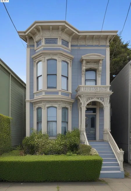 score_9,score_8_up,score_7_up, exterior, v1ct0r14n, 2 floors, victorian, Oakland, California, dilapidated, run down, transom, bay windows, small cornice, gray shiplap siding ,white trim, ornate, columns on portico, arched windows, bay windows,  human scale, whole house in frame, tree power lines, telephone lines, car parked in front, 1970s, fence, hedge, front view,  straight on,  small cornice, small architrave, (people on street in foreground:1.3) <lora:West_Oakland_Victorian:1>