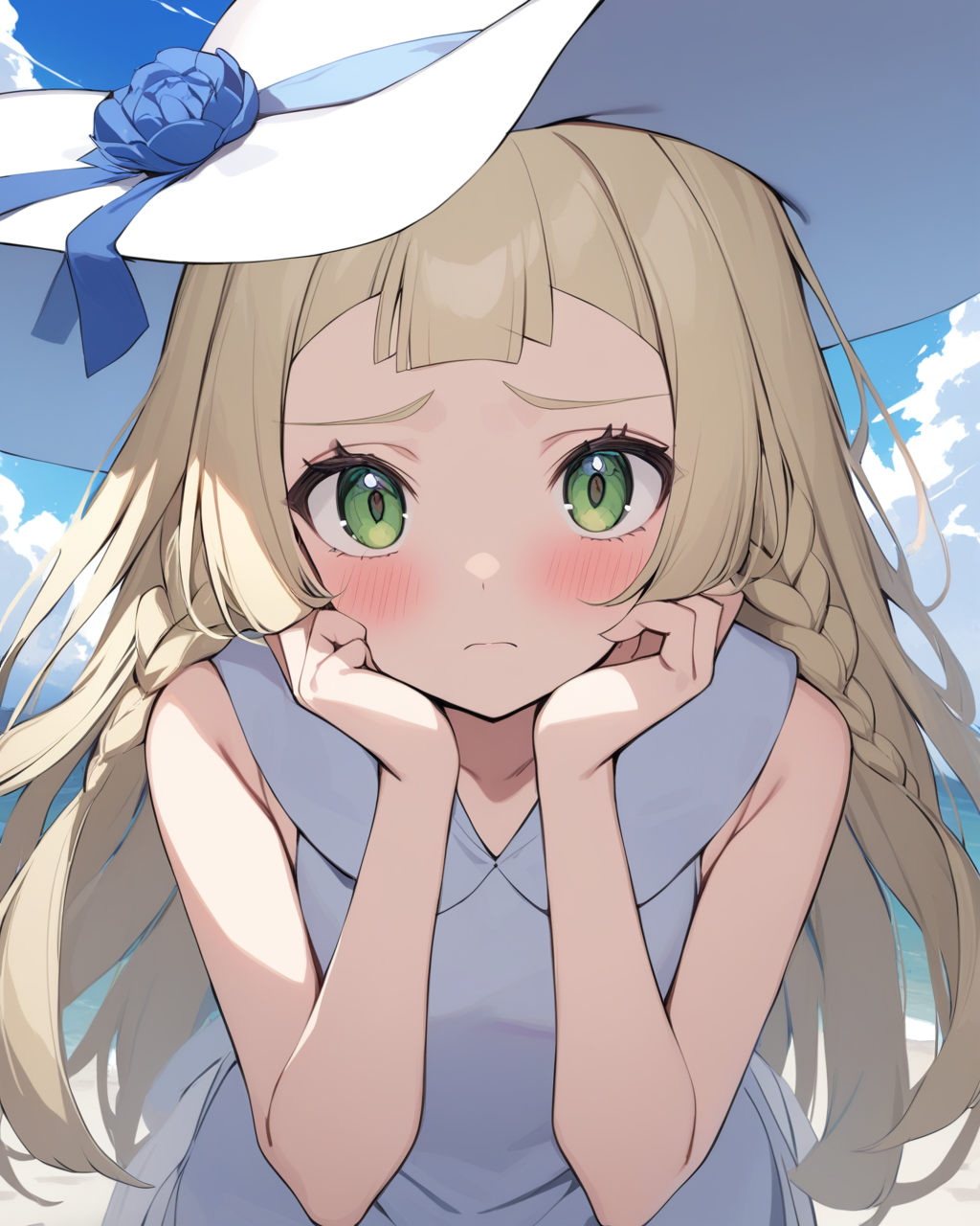masterpiece,best quality,<lora:lillie_(pokemon):1>,highres, cloudy_sky, 1girl, sun_hat, twin_braids, white_headwear, blush, loose_hair_strand, eyelashes, white_dress, looking_at_viewer, hands_on_own_face, closed_mouth, lillie_\(pokemon\), light_frown, commentary_request, sleeveless_dress