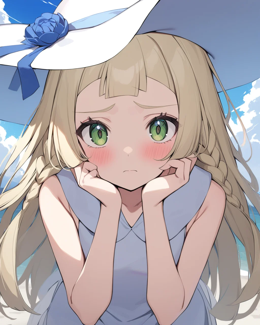 masterpiece,best quality,<lora:lillie_(pokemon):1>,highres, cloudy_sky, 1girl, sun_hat, twin_braids, white_headwear, blush, loose_hair_strand, eyelashes, white_dress, looking_at_viewer, hands_on_own_face, closed_mouth, lillie_\(pokemon\), light_frown, commentary_request, sleeveless_dress