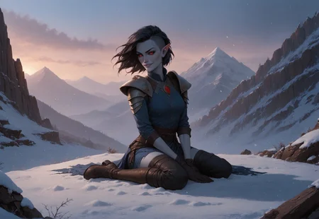 safe_pos, safe_pos, (absurdres, best quality, masterpiece:1.4), score_9, score_8_up, score_7_up, score_6_up, detailed, detailed body, detailed face, fantasy, 

alone, (female, ashen grey skin, medium breasts, (red sclera eye, red sclera eye style, red eyes, no pupils, no sclera), thin black eyebrows, pointy ears, long ears, (black hair, sidecut hair), athletic build, slim, pointed chin, gaunt cheeks), smirk, 

(torn dark blue robe, leather gloves, leather shoulder pads, leather boots, leather trousers), alone, 

outdoors, mountains, snow, snowing, wind, 

kneeling, spread legs, wariza