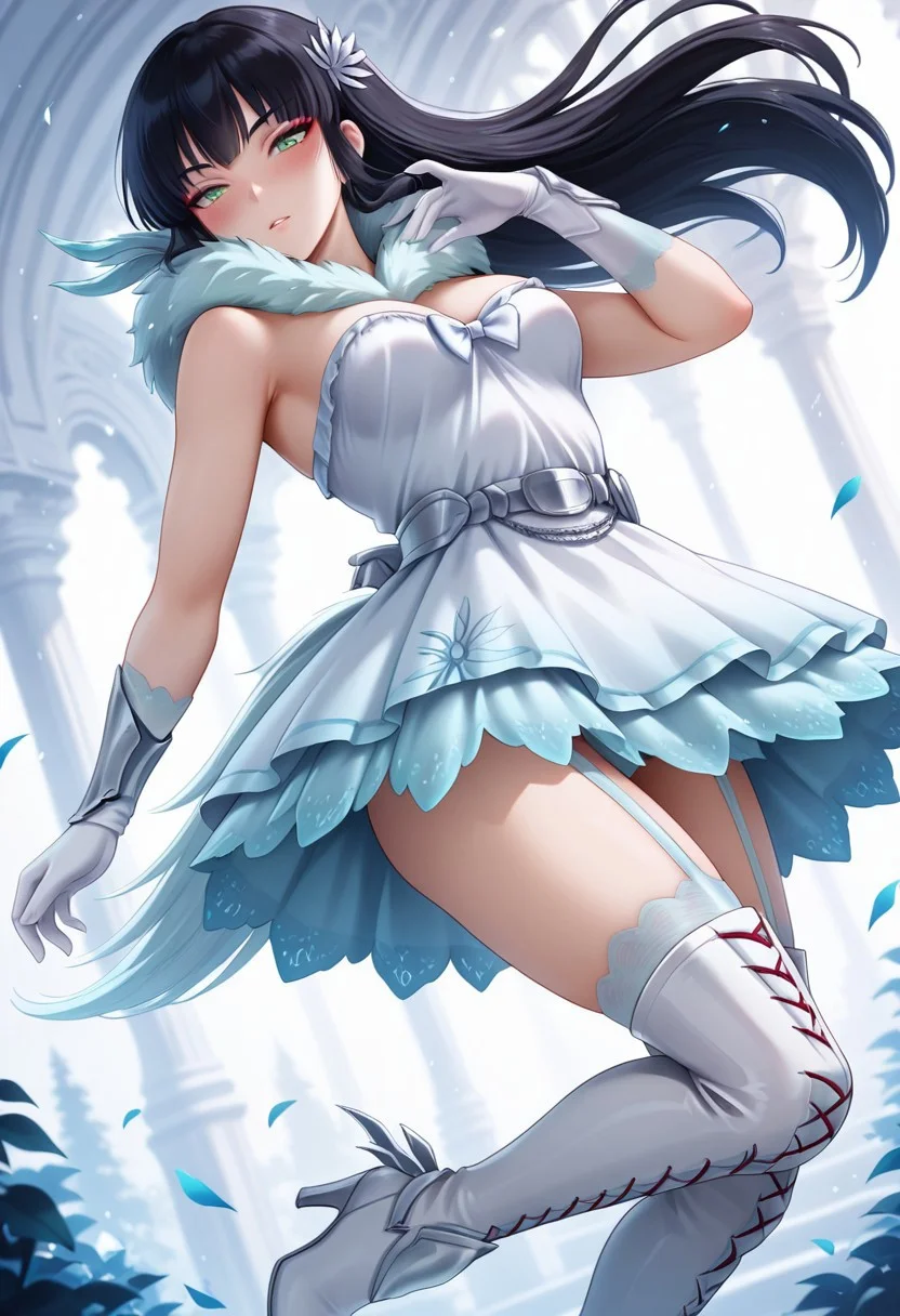 dynamic pose, blush, slim, slender, medium breasts,
(1girl, Melrwby,,long hair, black hair, green eyes, hair ornament, long white gloves, white dress, white thigh boots, garter straps, high heels, white boa)
BREAK,
masterpiece, extremely aesthetic, highly detailed, dynamic composition, vibrant colors, vivid colors, saturated, Smooth_Quality