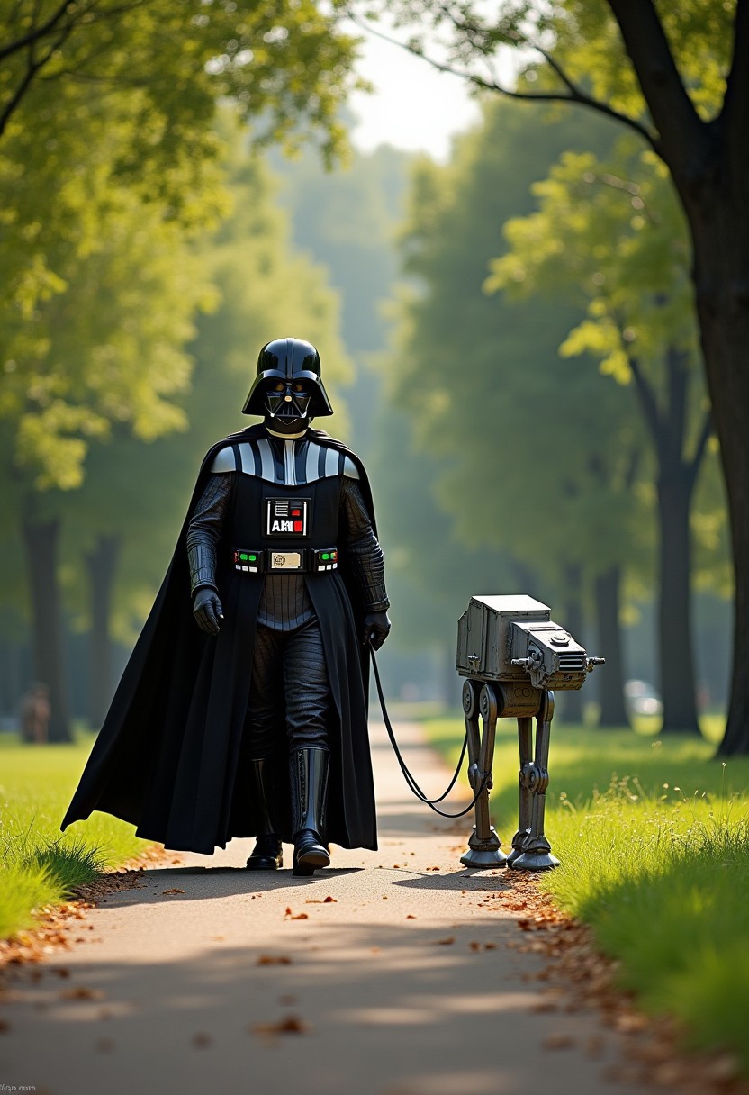 Imagine Darth Vader taking a leisurely stroll through a serene park, holding a leash attached to a miniature AT-AT. The scene is whimsical, as the mini AT-AT behaves like a dog, lifting one of its legs as if to urinate, among the lush greenery and pathways of the park. The atmosphere is lighthearted and surreal, with sunlight filtering through the trees and Darth Vader's iconic cape gently flowing behind him.