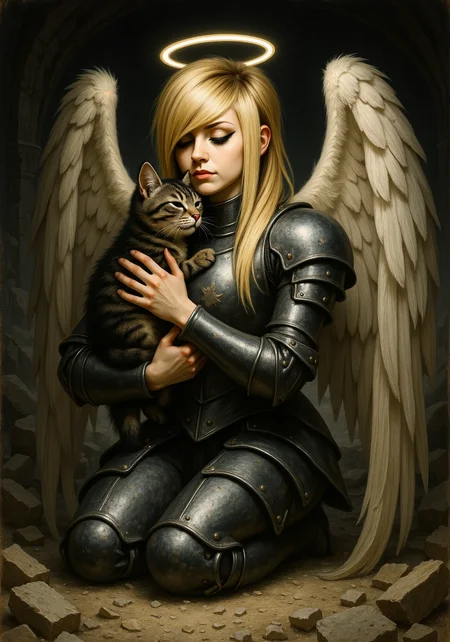 She has a distinctive 2000s scene/emo haircut: thick, sharply angled bangs that sweep across one eye, with long layered strands and long sidelocks that drape in front of her shoulders. Her eyes are framed by bold black winged eyeliner.a young woman blonde female angel with large furled wings and a halo above her head, wearing ornate gothic armor, pitch black night the only light from her emanating from her halo, cradling a content tabby kitten, she has her eyes closed and is pressing her cheek into the kitten's cheek, with a slight smile, she is in her early twenties and has an innocent face, in a collapsed chapel with caved in ceiling, kneeling, depth of field, ambient lighting, dust particles, ponytail with bangs, the scene shoes a moment of warmth in an otherwise grim and destroyed setting, The painting technique in this image is characterized by a highly detailed and realistic style, emphasizing fine textures and subtle gradations of light and shadow to create a three-dimensional effect. The artist has employed smooth brushwork to render the softness of the angelâÂÂs blonde hair, contrasting with the meticulous depiction of the armorâÂÂs metallic sheen and weathered surface, complete with scratches and dents that suggest a history of use. The feathers of the wings are individually defined, with varying tones that give them volume and a fluffy appearance. There is also an attention to detail in the portrayal of the catâÂÂs fur pattern, where each strand seems discernible, adding to the lifelike quality of the scene. The background is composed mostly of dark tones, enhancing the illumination around the angelâÂÂs halo and highlights on her armor, creating a dramatic atmosphere. Additionally, there is an effective use of chiaroscuroâÂÂthe contrast between light and darkâÂÂto draw attention to certain elements like the angelâÂÂs face (which has been obscured for privacy) and her interaction with the cat. This technique also emphasizes depth in areas such as where rubble is scattered around them. The image shows an angel in armor sitting amidst rubble while holding a cat, blending celestial imagery with earthly destruction, suggesting themes of protection or solace amidst chaos.<lora:2000s_Scene_Emo_Hair.safetensors:1.0:1.0>