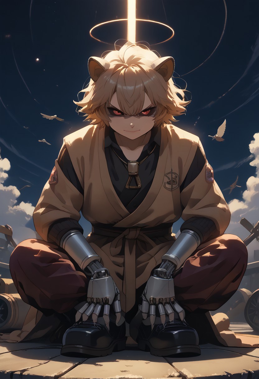 score_9, score_8_up, score_7_up, (best quality:1.1), ultra-detailed, high resolution, 8K, Metal Raccoon, robot, brown beige metal skin, black sclera, red pupils, pointy metal nose, gray claws, smirking, green core, black shoes, fist, battle stance, arms at sides, floating, factory, fluffy raccoon tail, BREAK outside, Rich, Detailed background, ambient light