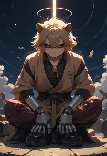 score_9, score_8_up, score_7_up, (best quality:1.1), ultra-detailed, high resolution, 8K, Metal Raccoon, robot, brown beige metal skin, black sclera, red pupils, pointy metal nose, gray claws, smirking, green core, black shoes, fist, battle stance, arms at sides, floating, factory, fluffy raccoon tail, BREAK outside, Rich, Detailed background, ambient light