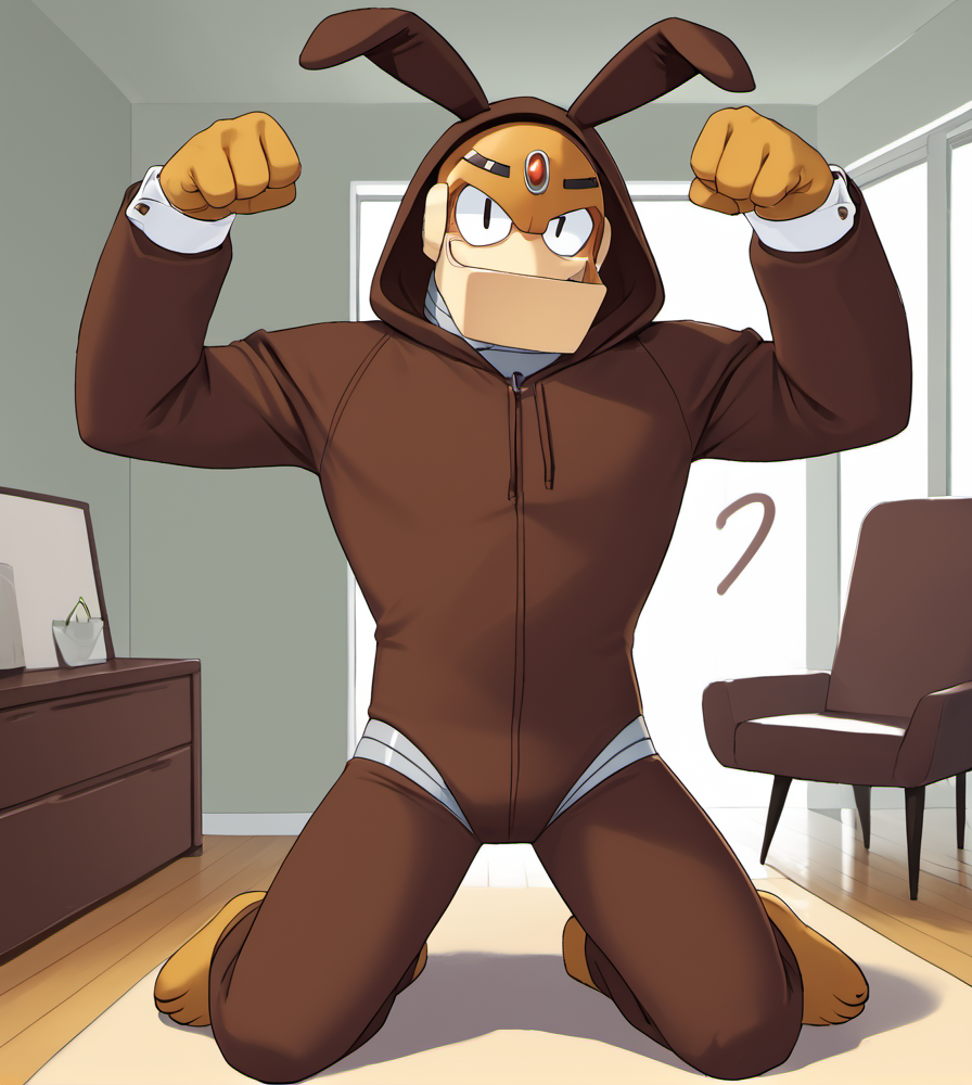 score_9, score_8_up, score_7_up, high res:1.5, digital media (artwork), lineless:1.5, under shade, solo focus, gut5m4n, robot, big chin, (kigurumi, brown bodysuit, brown hood, brown paws, fake rabbit ears), male, front view, kneeling, half-closed eyes, cross-eyed, embarrassed, hands up, paw pose, living room scenery, <lora:Guts_Man_-_Mega_Man_Classic:1>