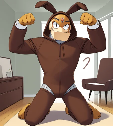 score_9, score_8_up, score_7_up, high res:1.5, digital media (artwork), lineless:1.5, under shade, solo focus, gut5m4n, robot, big chin, (kigurumi, brown bodysuit, brown hood, brown paws, fake rabbit ears), male, front view, kneeling, half-closed eyes, cross-eyed, embarrassed, hands up, paw pose, living room scenery, <lora:Guts_Man_-_Mega_Man_Classic:1>