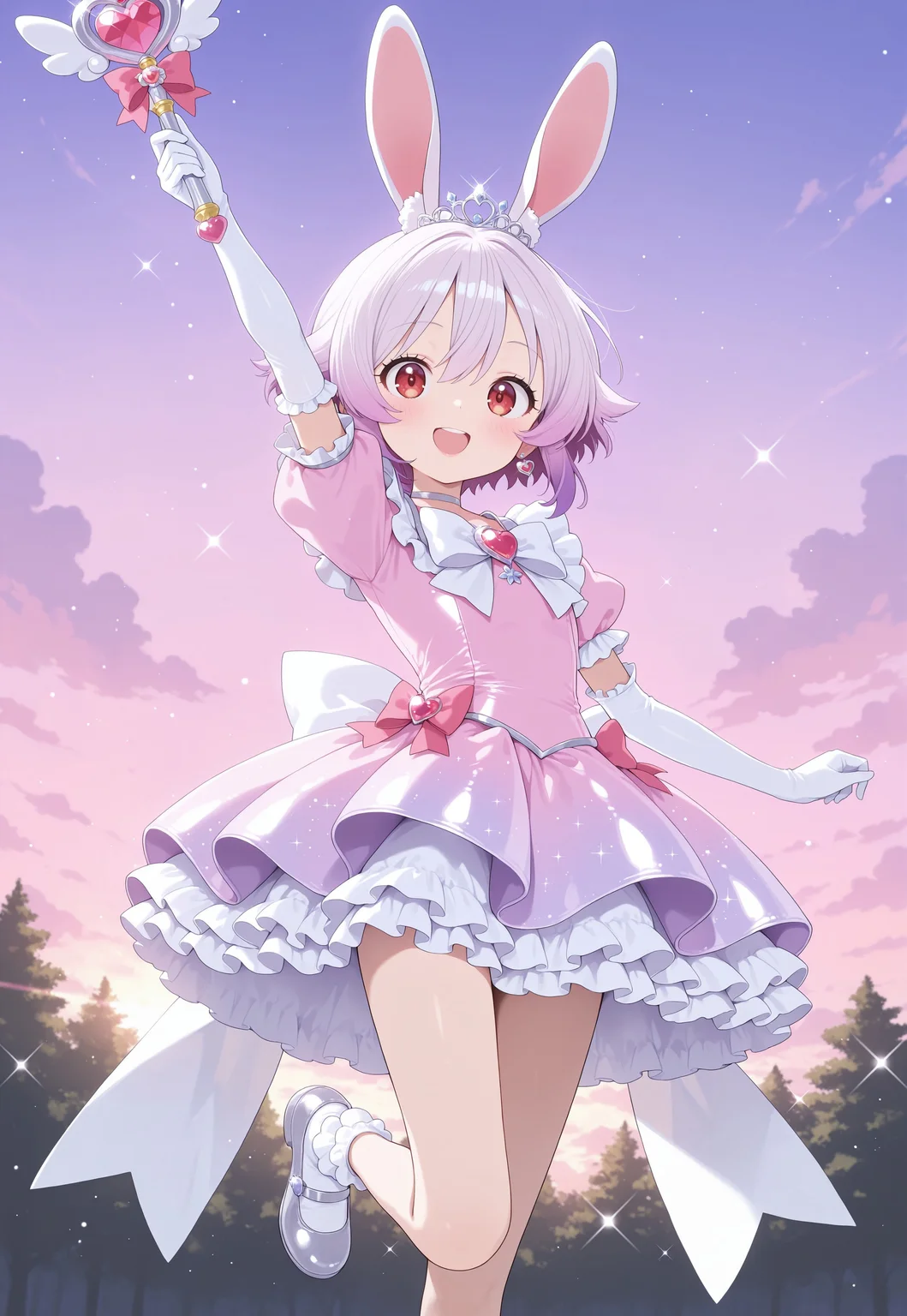 1girl, usami-chan, multicolored hair, gradient hair, masterpiece, best quality, absurdres,
(pastel colors, pastel purple), pastel purple magical girl, padded magical girl dress, kawaii, frilled skirt, thighhighs, padded pastel purple dress, multilayered dress, petticoat, padded dress, puffy short sleeves, elbow gloves, silver tiara, gem brooch, large bow, ribbons, lace trim, frills, sparkles, glitter, heart earrings, silver accessories, jewelry, bobby socks, frilled mary janes,
lipgloss, eyelashes, light blush, light makeup,
outdoors, nature, clouds, sunset, backlighting,
solo, cowboy shot, standing on one leg, happy, smile, one arm up, holding magical girl wand, heart scepter, light trail,
intricate, highly detailed, majestic, shallow depth of field, movie still, circular polarizer, light reflections, light particles, particles