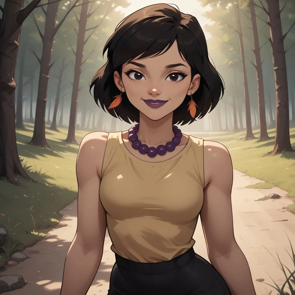score_9, score_8, BREAK, solo, black hair, black eyes, purple lips, lipstick, purple necklace, feather earrings, sleeveless shirt, leggings, sneakers, total drama, Sky_(Total_Drama), cute, tdpi, sexy pose, self portrait, smile, outdoors, sunlight, shadows, evening lighting, natural lighting, forest, trees, grass, orange sky, sunset