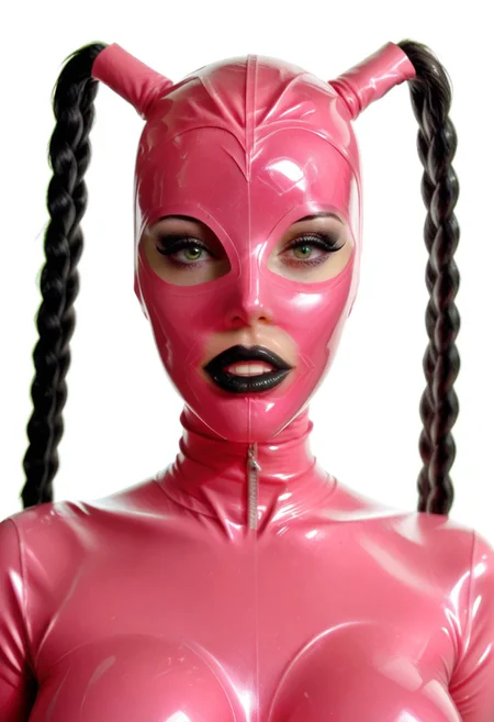 score_9, score_8_up, score_7_up, photo, photoshoot, portrait, close up, looking at viewer, 1girl, fit, mature woman, lean toned, (pink latex mask, pink latex catsuit, black lipstick:1.2), black braided pigtails, green eyes, seductive lips, (thick full lips, pouty lips, lips parted:1.0), visible teeth, glossy lips, long eyelashes, black eyeliner, black eyeshadow, soft contrast, soft shadows, large breasts, seductive expression, white background
