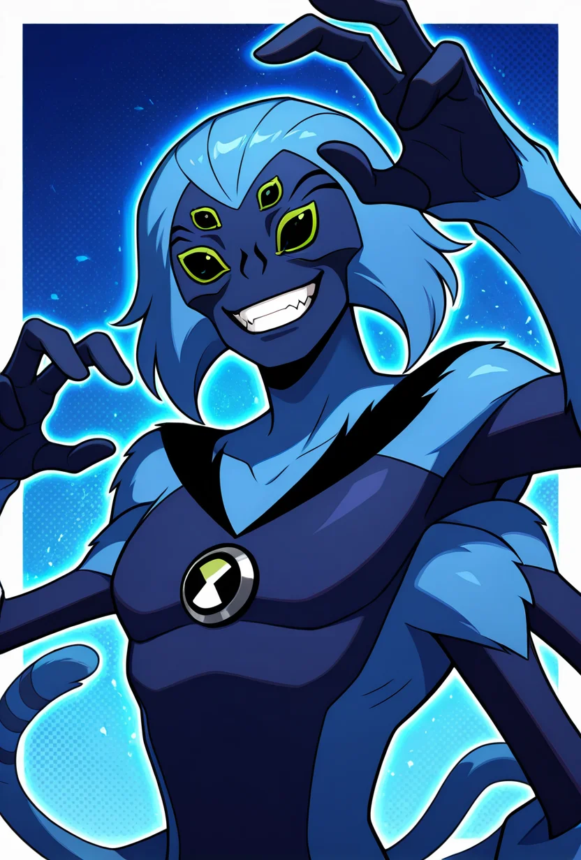 <lora:spidermonkey-09:1> spidermonkey, extra eyes, solo, blue skin, extra arms, long blue tail, , green eyes, teeth, blue hair, pokemon (creature), blue background, smile, teeth, fangs, dynamic pose,, upper body, halftone effect, white borders, abstract background:1.2,, masterpiece, best quality, amazing quality, very aesthetic, absurdres, newest,