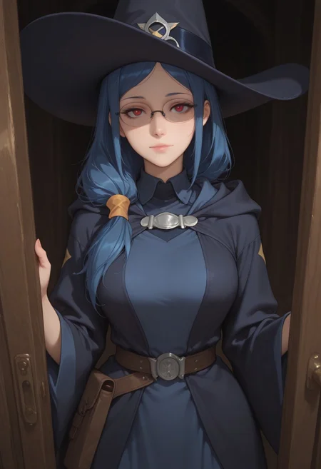 masterpiece, perfect face, beautiful face,1girl, ursula callistis, blue hair, long hair, side ponytail, red eyes, glasses or opaque glasses, witch hat, witch, wide sleeves, dress,