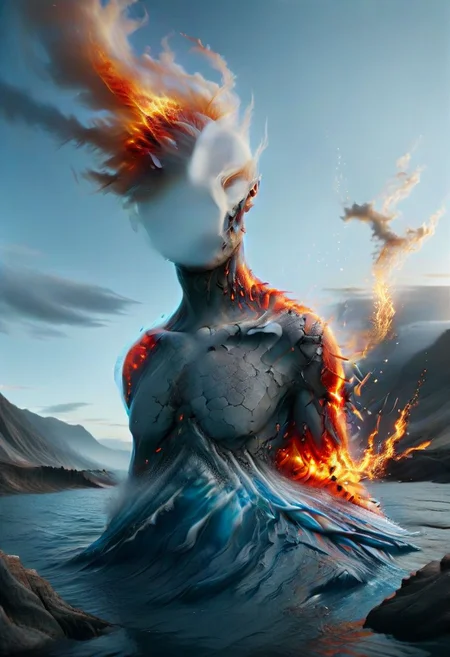 (water themed, water material:1.3), (Split double exposure{land and sea and volcano and clouds}:1.2), (elemental being, earth, fire, water, air:1.7), (closeup face:1.2), (artist design by Norman Bluhm and Erwin Blumenfeld), (5mm, bokeh, blur, rim lighting, film grading, cinematic lighting, film still), (art definition by Hans Bellmer and Stephen Gammell), watereffects, creating splashes