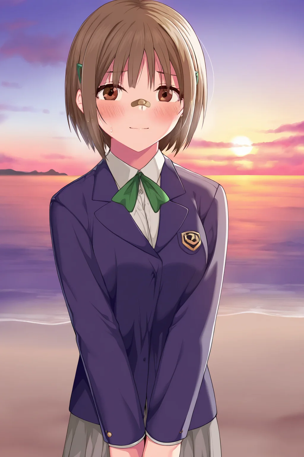 masterpiece, best quality, absurdres, highres, cinematic light, 1girl, <lora:chise:1> chise_wz, short hair, brown hair, hair ornament, brown eyes, medium breasts, neck ribbon, green ribbon, blue blazer, collared shirt, grey skirt, pleated skirt, school uniform, bandaid on nose, bandaid on face, light smile, looking at viewer, v arms, nervous, blush, outdoors, sunset, horizon, beach, sand, cowboy shot, horosuke,