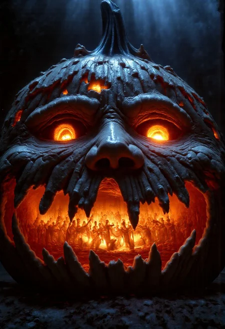 Ultra-realistic, shot of a horrifying Jack-o'-lantern, its carved face grotesquely stitched together from disfigured human faces. A twisted hollow smile with two eyes. The twisted skin of the faces stretches and pulls at the edges, forming jagged, uneven lines around the grinning mouth and hollow eyes. Each of the pumpkin looks like stitched human skin, veins bulging beneath decaying flesh. The stitching is thick and black, with dark, oily blood seeping from the seams. The glowing interior of the Jack-o'-lantern casts a sickly, flickering orange light from within, revealing disturbing images in the depths of its hollow eyes and gaping mouth—faintly visible figures of twisted, ghostly bodies writhing in agony, barely discernible but terrifyingly real. The background is an out of focus graveyard at night.
The texture of the skin is hyper-detailed, with cracks, bruises, and decay adding to the grotesque realism. The edges of the pumpkin are rotten, blending seamlessly with the human skin, as though the flesh is becoming part of the monstrous entity itself. Shadows dance across the contorted features, deepening the sense of despair, while the light flickers unnaturally, revealing glimpses of nightmarish forms trapped within the Jack-o'-lantern's depths. The color palette is dominated by dark, muted flesh tones, blacks and ivory whites, and sickly oranges, with the occasional glint of blood-red highlights, creating an atmosphere of visceral horror and surreal terror.