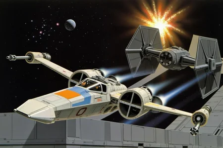 ralphmcq1 painting.
A space battle scene from the Star Wars universe. The scene features a X-Wing starfighter, engaged in combat against Imperial TIE fighter. The X-Wing, is in the foreground, flying through the surface of the Death Star. The Imperial TIE fighter is behind the X-Wing, firing its laser guns. <lora:ralphmcq_cap_d6a3:1.0><lora:830322783255833254:0>