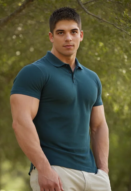 aidenperson, male focus, <lora:aiden_hunk_sdxl_v1-000008:1>, photorealistic, ultra high resolution, professional editorial style, relaxed and confident expression, standing outdoors, wearing a fitted polo shirt that subtly accentuates his muscular chest and arms, soft natural lighting with side illumination, shallow depth of field, lush nature background with gentle blur, framed by tree branches, cinematic composition, clean color grading