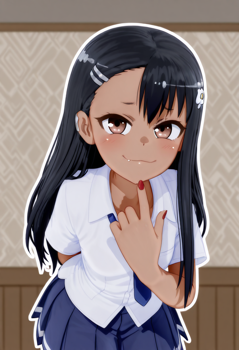 masterpiece, best quality, 1girl, solo, eyelashes, (beautiful eyes),      nagatoro hayase, long hair, bangs, black hair, hair ornament, brown eyes, hairclip, fang, dark skin, dark-skinned female, tan, skirt, shirt, school uniform, white shirt, pleated skirt, nail polish, blue skirt, red nails, earclip,    smug, hands behind back, leaning forward, portrait,     smile, looking at viewer, abstract background, white outline, cowboy shot   <lora:MantisIXL_v2:1.0>,