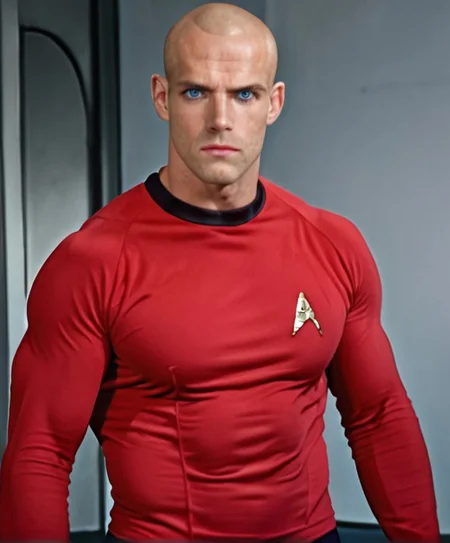 1boy, 20 year old male, Handsome, masculine, blonde, star trek, red shirt, muscle, tall, tight shirt, wide pectorals, big shoulders, wide shoulders, muscular neck, German, bald, big pale blue eyes, abs, biceps, scowling facial expression, phaser, hand,
stunf, star trek uniform,