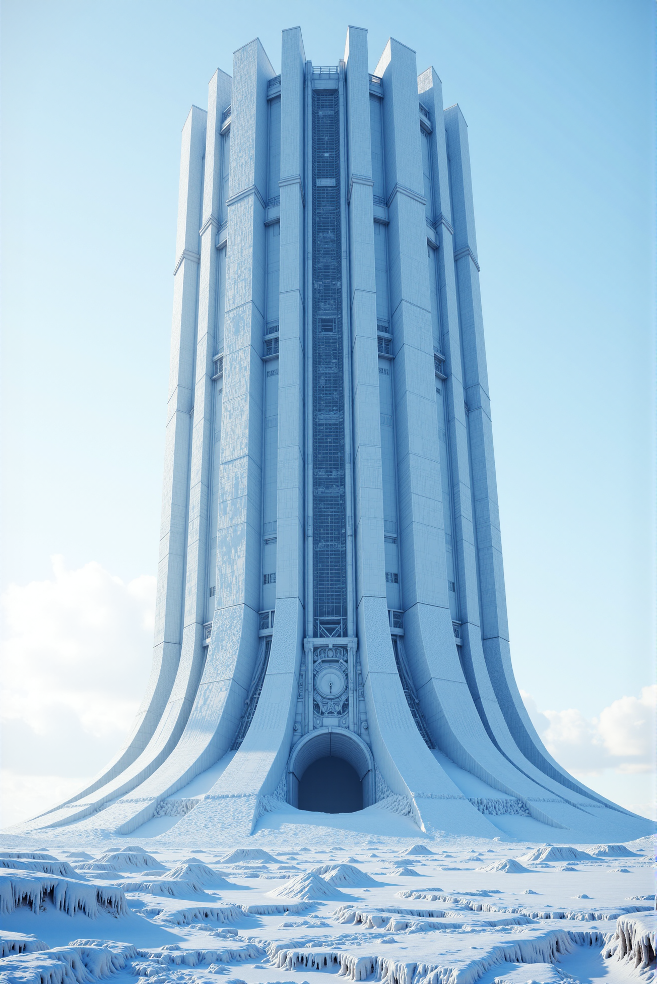 <lora:Legacy_of_the_forerunners_r1:0.7>
A cylindrical fortress of impossibly smooth ice-alloy rises from the heart of a sunken polar plain, its base interfacing seamlessly with the terrain through radial channels now buried in snowdrifts. The faÃ§ade is wrapped in vertical buttresses like a frozen turbine, each groove housing dormant antennae or defensive cores. The top is ringed by shuttered exhaust vents and blind windows too high for human comprehension, and the only visible access point is a recessed hexagonal gate partially buried beneath accumulated frost. The structureâs scale hints at subterranean foundations stretching kilometers below. Rendered in Arctic-blue and slate-white palette with photorealistic rime textures and ambient occlusion shadows cast by icy crests. Camera: mid-range orthographic tilt, emphasizing vertical mass and isolation against blank sky.