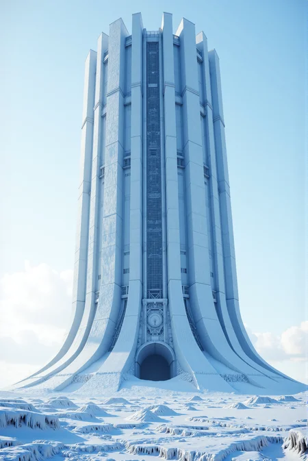 <lora:Legacy_of_the_forerunners_r1:0.7>
A cylindrical fortress of impossibly smooth ice-alloy rises from the heart of a sunken polar plain, its base interfacing seamlessly with the terrain through radial channels now buried in snowdrifts. The façade is wrapped in vertical buttresses like a frozen turbine, each groove housing dormant antennae or defensive cores. The top is ringed by shuttered exhaust vents and blind windows too high for human comprehension, and the only visible access point is a recessed hexagonal gate partially buried beneath accumulated frost. The structureâs scale hints at subterranean foundations stretching kilometers below. Rendered in Arctic-blue and slate-white palette with photorealistic rime textures and ambient occlusion shadows cast by icy crests. Camera: mid-range orthographic tilt, emphasizing vertical mass and isolation against blank sky.