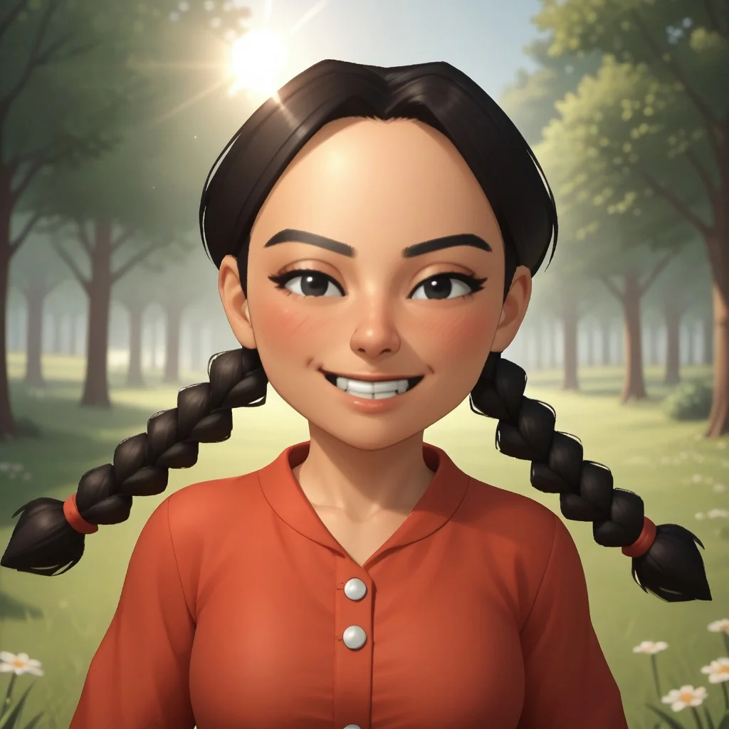 score_9, score_8, BREAK, solo, wii, mii, wii sports, 1girl, female mii, black eyes, black hair, twin braids, black eyebrows, blush, buck tooth, red clothing, black pants, shoes, nintendo mii, modern_mii, classic_mii, breasts, xiao-tong_(wii_sports), cute, sexy pose, smile, outdoors, sunlight, shadows, evening lighting, natural lighting, forest, trees, grass, orange sky, sunset