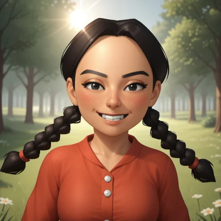 score_9, score_8, BREAK, solo, wii, mii, wii sports, 1girl, female mii, black eyes, black hair, twin braids, black eyebrows, blush, buck tooth, red clothing, black pants, shoes, nintendo mii, modern_mii, classic_mii, breasts, xiao-tong_(wii_sports), cute, sexy pose, smile, outdoors, sunlight, shadows, evening lighting, natural lighting, forest, trees, grass, orange sky, sunset