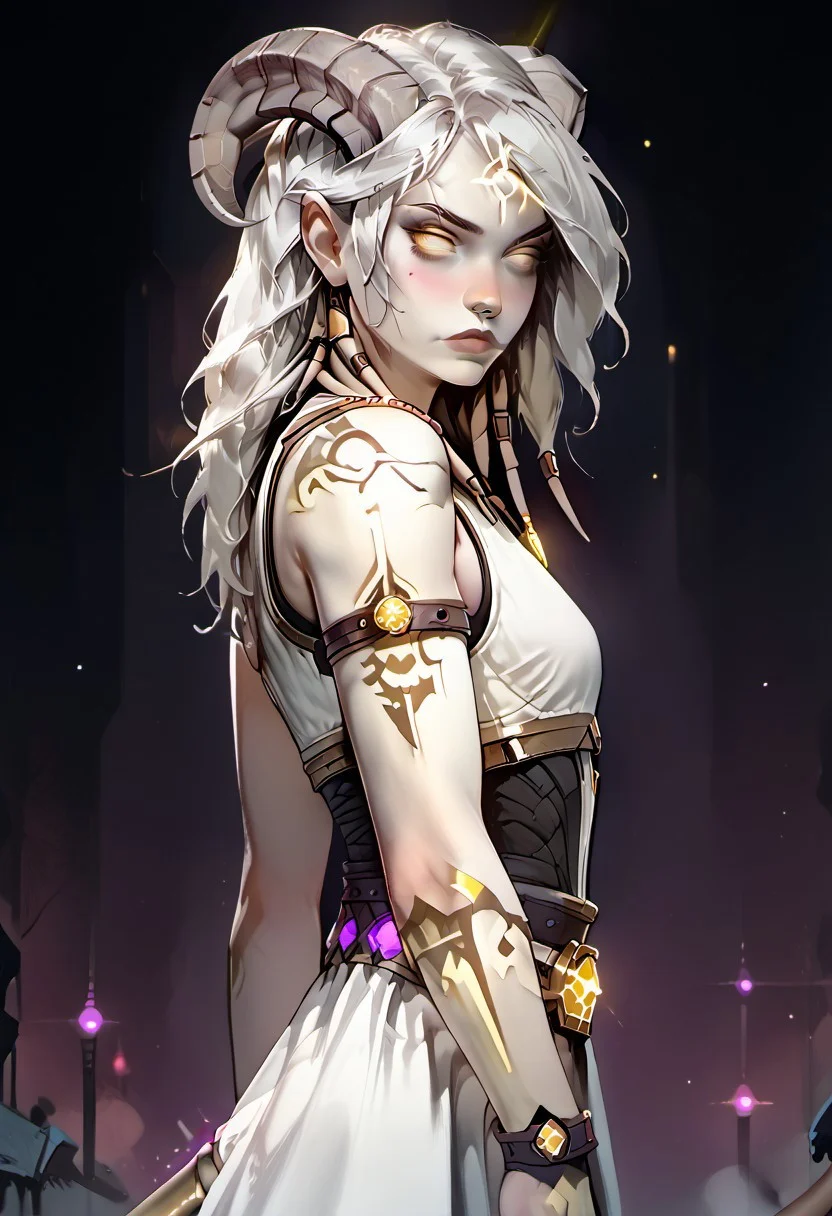 <lora:OZRN:0.9>, score_9, score_8_up, score_7_up, OZRN, digital art, culDraenei, lightnei, side-view, 1girl, solo, small tits, culDraenei, yellow eyes, no sclera, no pupils, athletic, tall, slim, pale skin, grey skin, long tail, long ears, long hair, athletic, tall, slim, pale skin, grey skin, long tail, long ears, neon tattooed, body emissive markings, armor, breastplate, bracers, pauldrons, skirt, belt, navel, bare stomach, nose-ring, standing, [nose blush:0.8], pale skin, looking at viewer, dark background, (neon lights), (soft glow),<lora:ff:0.2>, gothic anime style,<lora:GothicAnimev1:0.4>