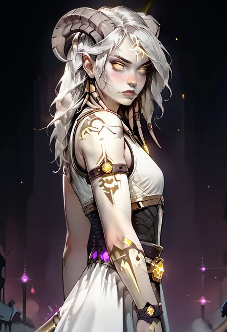 <lora:OZRN:0.9>, score_9, score_8_up, score_7_up, OZRN, digital art, culDraenei, lightnei, side-view, 1girl, solo, small tits, culDraenei, yellow eyes, no sclera, no pupils, athletic, tall, slim, pale skin, grey skin, long tail, long ears, long hair, athletic, tall, slim, pale skin, grey skin, long tail, long ears, neon tattooed, body emissive markings, armor, breastplate, bracers, pauldrons, skirt, belt, navel, bare stomach, nose-ring, standing, [nose blush:0.8], pale skin, looking at viewer, dark background, (neon lights), (soft glow),<lora:ff:0.2>, gothic anime style,<lora:GothicAnimev1:0.4>