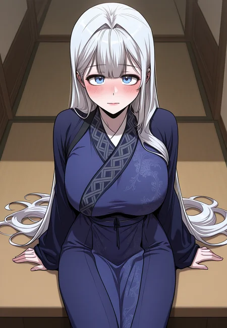 zPDXL3, score_9_up, score_8_up, score_7_up, (Anime_source),Masterpiece,(perfect female body:1.2), small waist, (incredibly detailed:1.4), beautiful fingers, (large breasts:1.4) looking at viewer, huge breasts, looking at viewer, <lora:Namgoong_Bi-Ah_-_Childhood_Friend_of_the_Zenith-Kaleid_Illustrious:1> namgoongbi-ah, 1girl, white hair, long hair, blue eyes, chinese clothes, blush, sitting