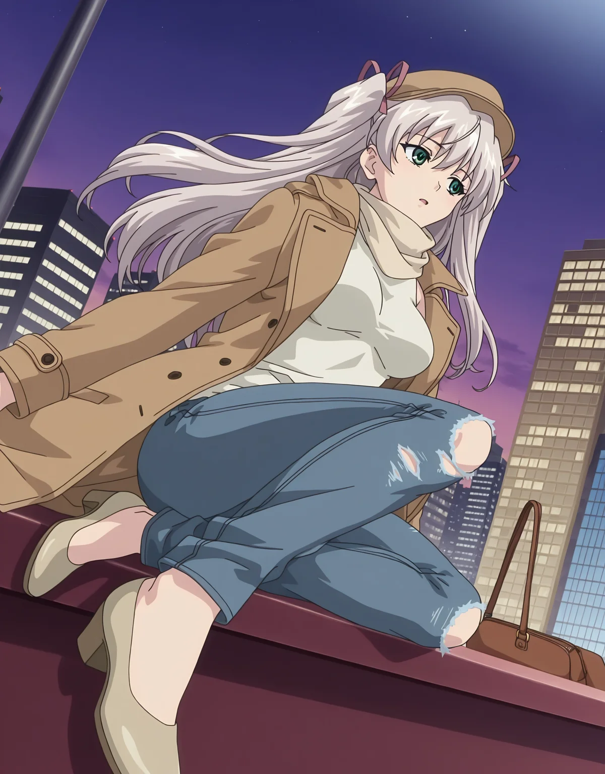 masterpiece,best quality,very aesthetic,zPDXL,2023,anime style,huge filesize,wallpaper,anime screencap,
BREAK <lora:suvia_v5-000018:0.8>,suviav5,1girl,solo,long hair,ribbon,hair ribbon,green eyes,two side up,breasts,twintails,medium breasts,grey hair,17-year-old girl,(a domineering girl:1.3),skinny,standing,dynamic_angle,dynamic_pose,close-up,fullbody,fashion,torn jeans,flat_shoes,contemporary,in spring,city,handbag,(coat:1.2),sleeveless dress,sitting,scarf,cap,makeup,æ£å¨åå¦,