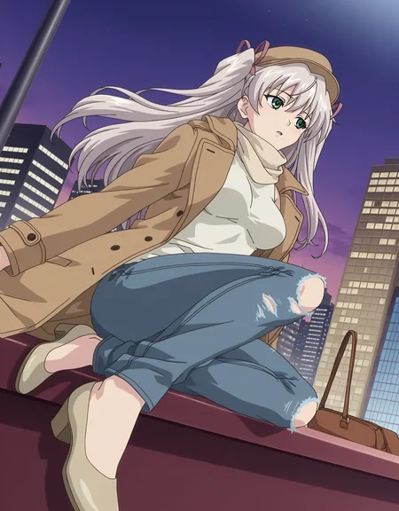 masterpiece,best quality,very aesthetic,zPDXL,2023,anime style,huge filesize,wallpaper,anime screencap,
BREAK <lora:suvia_v5-000018:0.8>,suviav5,1girl,solo,long hair,ribbon,hair ribbon,green eyes,two side up,breasts,twintails,medium breasts,grey hair,17-year-old girl,(a domineering girl:1.3),skinny,standing,dynamic_angle,dynamic_pose,close-up,fullbody,fashion,torn jeans,flat_shoes,contemporary,in spring,city,handbag,(coat:1.2),sleeveless dress,sitting,scarf,cap,makeup,æ£å¨åå¦,