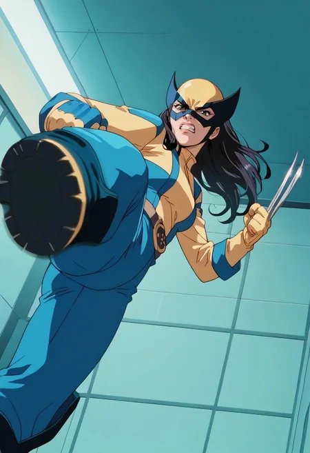 score_9_up, score_8_up, score_7_up, realistic, detailed,8k,<lora:G0083NP:0.9> 1girl, LraKinyX, long hair, mask, bodysuit, gloves, belt, boots, weapon, claws, two claws on each hand, claw (weapon),angry facial expression, clenched teeth, military base interior, , cartoon, official art, official style, source_anime, anime coloring(anime_screencap), anime, animated, kicking, kicking at viewer