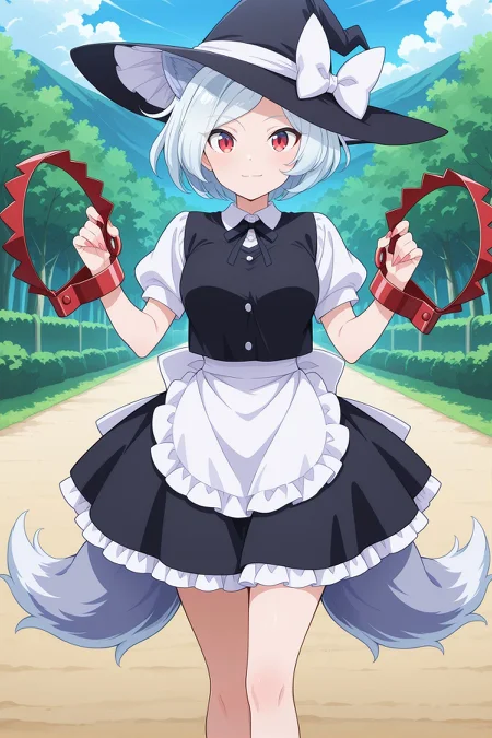 absurdres, highres, masterpiece, best quality, amazing quality, official anime artwork, screencap, anime screencap, outdoors, looking at viewer, light smile, dynamic pose, standing,
 <lora:Enoko-Mitsugashira_Illustrious:1> mitsugashira enoko, 1girl, solo, red eyes, white hair, short hair, dog ears, cerberus, multiple tails, long fingernails, medium breasts,, bear trap, alternate costume, kirisame marisa (cosplay), witch hat, hat bow, white bow, hair ribbon, black ribbon, black shirt, white sleeves, short sleeves, waist apron, black skirt, buttons,