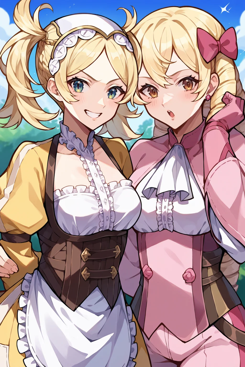 score_9, score_8_up, score_7_up, score_6_up, source_anime, two girls talking, garden, blue sky, looking at you
2girls, <lora:felissa-pdxl-nvwls-v1-000005:1> defLissa, blonde hair, twintails, headdress, yellow dress, center frills, corset, white apron, puffy sleeves, fingerless gloves, grin
2girls <lora:femaribelle-pdxl-nvwls-v1-000005:1> maribelle, blonde hair, long hair, drill hair, hair bow, earrings, pink capelet, ascot, frilled shirt, pink pants, pink gloves, hand to own mouth, chestnut mouth